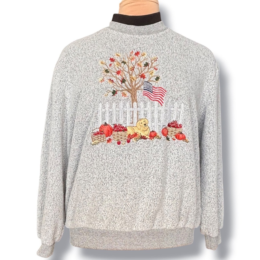 Vintage 90s Fall Embroidered Dog Pumpkin American Flag Sweatshirt Folk Art